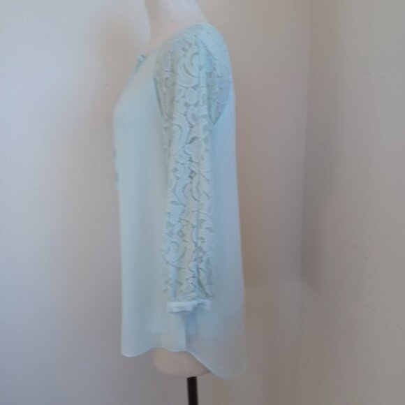 Haute Hippie Tribe Top Woven Chiffon Lace Sleeves Tie Neckline Womens XS - Picture 10 of 16